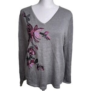 Victor‎ Costa Occasion Top Gray S Sequin Embroidered Beaded Long Sleeve Floral